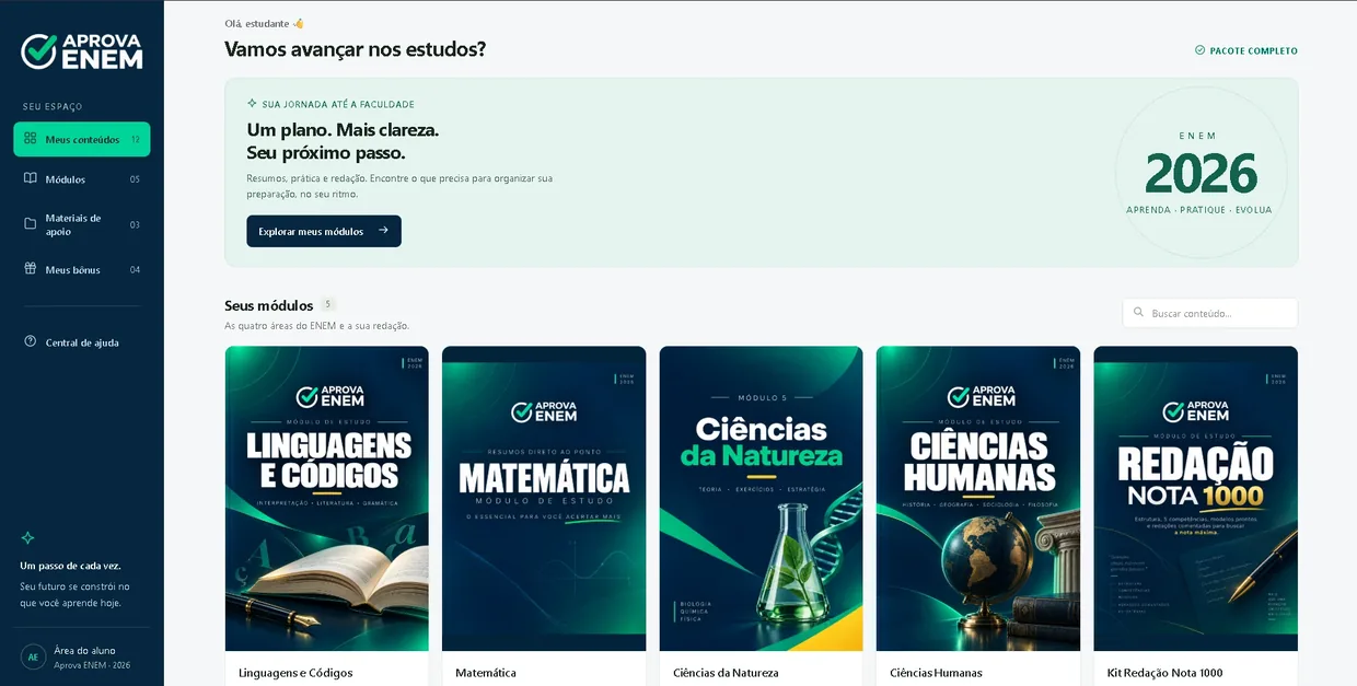 Área de membros do Aprova ENEM com os módulos de Linguagens, Matemática, Ciências da Natureza, Ciências Humanas e o Kit Redação Nota 1000